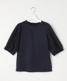 自由区 【洗える・XSサイズあり】シアーコンビパフスリーブ カットソー