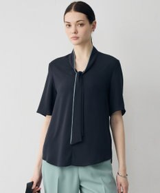 ICB 【新色追加】BackSatinAmunzen 5分袖配色ボウタイブラウス ネイビー×ダークセージ