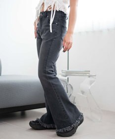 WEGO レースアップフリンジストレッチフレアデニムパンツ