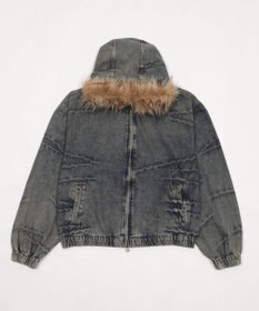 WEGO ファーフードスラッシュデニムブルゾン