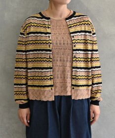 muuc 〈高品質シルク100%〉〈通年着られる〉袖リブあり シェルボタン使用 透かしレース編み シルクマルチボーダーカーディガン