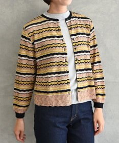 muuc 〈高品質シルク100%〉〈通年着られる〉袖リブあり シェルボタン使用 透かしレース編み シルクマルチボーダーカーディガン