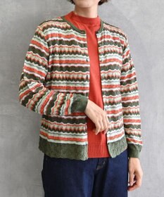 muuc 〈高品質シルク100%〉〈通年着られる〉袖リブあり シェルボタン使用 透かしレース編み シルクマルチボーダーカーディガン