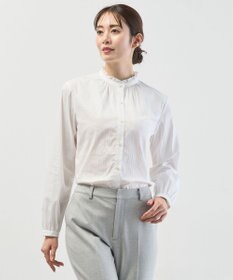 J.PRESS LADIES L BEZコットンナイロン ストライプ フリル襟 ブラウス