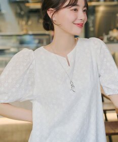 Tiaclasse 【2TYPE/総レース・袖レース】パンチングレースパフスリーブチュニックブラウス