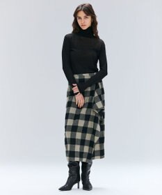 BEIGE， HOBBS / フェイクレザーポケットウールチェックラップスカート