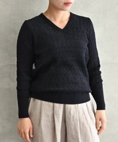 muuc 〈コットン100%強撚糸〉〈通気性が高いドライタッチな素材〉透かし編み 袖口リブ Vネック プルオーバー