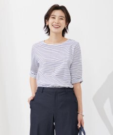 J.PRESS LADIES 【接触冷感・UVケア】 スムースジャージー タックスリーブ ボーダー カットソー