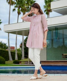 Tiaclasse 【新色追加・洗える】バンドカラーシャツチュニックブラウス