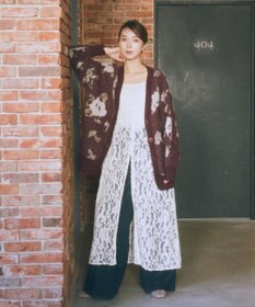 earth music&ecology フラワージャガードラメシャギーカーディガン