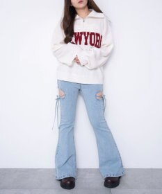 WEGO 【SMサイズ展開/伸びる】カットアウトリボンストレッチフレアデニムパンツ