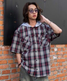 WEGO 【ユニセックス着用ITEM/MLサイズ展開】オンブレチェックフードシャツ（SS）