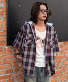WEGO 【ユニセックス着用ITEM/MLサイズ展開】オンブレチェックフードシャツ（SS）