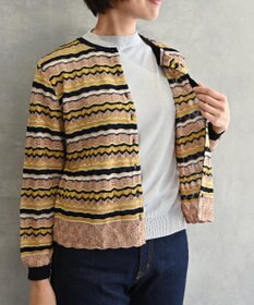 muuc 〈高品質シルク100%〉〈通年着られる〉袖リブあり シェルボタン使用 透かしレース編み シルクマルチボーダーカーディガン