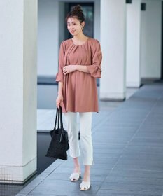 Tiaclasse L 【洗える】リボン付きタックスリーブチュニックブラウス