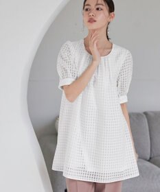 Tiaclasse 【洗える】シアーチェックパフスリーブチュニックブラウス