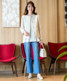 ANY SIS L ノーカラーフリンジツイード ジャケット