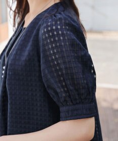 Tiaclasse 【洗える】シアーチェックパフスリーブチュニックブラウス