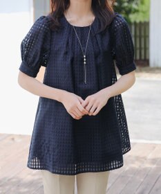 Tiaclasse 【洗える】シアーチェックパフスリーブチュニックブラウス