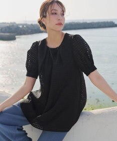 Tiaclasse 【洗える】シアーチェックパフスリーブチュニックブラウス