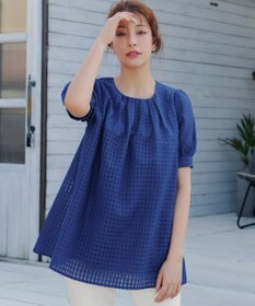 Tiaclasse 【洗える】シアーチェックパフスリーブチュニックブラウス