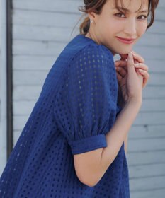 Tiaclasse 【洗える】シアーチェックパフスリーブチュニックブラウス