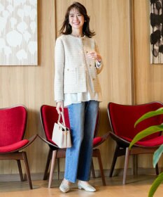 ANY SIS L ノーカラーフリンジツイード ジャケット