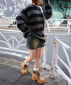 WEGO ボーダーワイドリブダメージニット