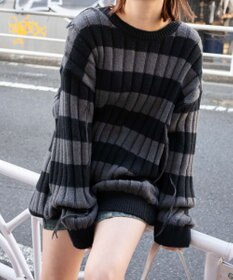 WEGO ボーダーワイドリブダメージニット