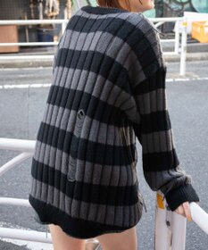 WEGO ボーダーワイドリブダメージニット