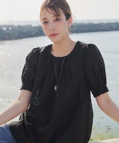 Tiaclasse 【洗える】シアーチェックパフスリーブチュニックブラウス