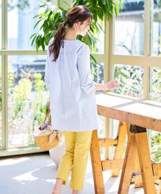 Tiaclasse L 【洗える】リボンスリーブストライプチュニックブラウス