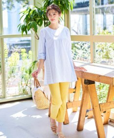 Tiaclasse L 【洗える】リボンスリーブストライプチュニックブラウス