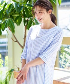 Tiaclasse L 【洗える】リボンスリーブストライプチュニックブラウス