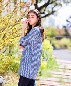 Tiaclasse L 【洗える】リボンスリーブストライプチュニックブラウス