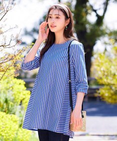 Tiaclasse L 【洗える】リボンスリーブストライプチュニックブラウス