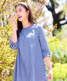 Tiaclasse L 【洗える】リボンスリーブストライプチュニックブラウス