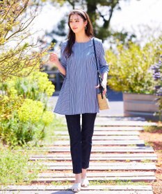 Tiaclasse L 【洗える】リボンスリーブストライプチュニックブラウス