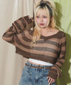 WEGO ダメージボーダーショートニット