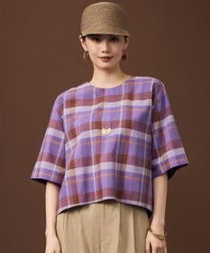 自由区 L コットンリネンチェック ブラウス