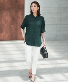 ICB L 【人気のため新色追加・接触冷感・UVケア・速乾・洗える】BackSatinAmunzen 5分袖バンドカラーブラウス