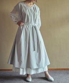 muuc キャッチ袖ワンピース〈日本製〉〈上品な透け感〉〈ベルト付きでAラインも〉〈体型カバー・フリーサイズ〉〈モードな異素材・オーガニックコットン使用〉