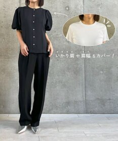 #Newans 【洗濯機可能/シワになりにくい】〈肩幅・二の腕が華奢見えする〉パフスリーブバイカラーブラウス