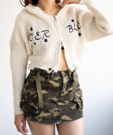 WEGO 刺繍ダメージニットWZIPパーカー