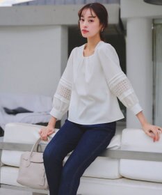 Tiaclasse L 【洗える】袖レースはさみこみシャツ