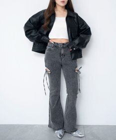 WEGO 【SMサイズ展開/伸びる】カットアウトリボンストレッチフレアデニムパンツ