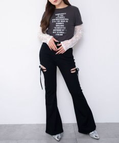 WEGO 【SMサイズ展開/伸びる】カットアウトリボンストレッチフレアデニムパンツ