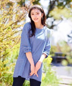 Tiaclasse L 【洗える】リボンスリーブストライプチュニックブラウス