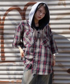 WEGO 【ユニセックス着用ITEM/MLサイズ展開】オンブレチェックフードシャツ（SS）