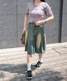 WEGO ヴィンテージウォッシュデニムプリーツミドルスカート